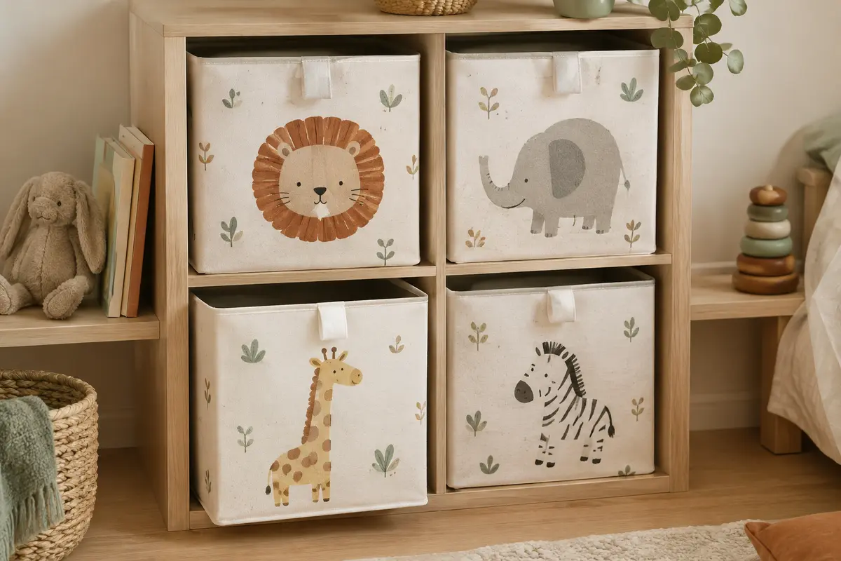 Quatre boîtes cubiques blanches à motifs animaux rangées dans une étagère en bois clair