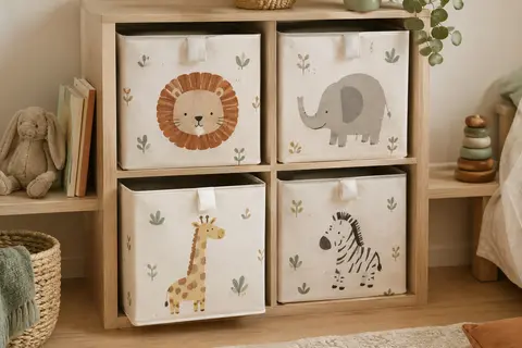 Quatre boîtes cubiques blanches à motifs animaux rangées dans une étagère en bois clair