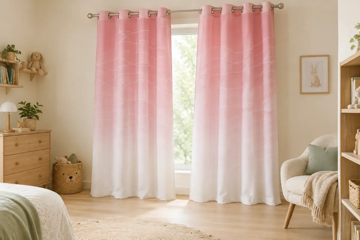 Deux rideaux à dégradé rose et blanc, à lignes ondulées, suspendus à une fenêtre de chambre d’enfant.