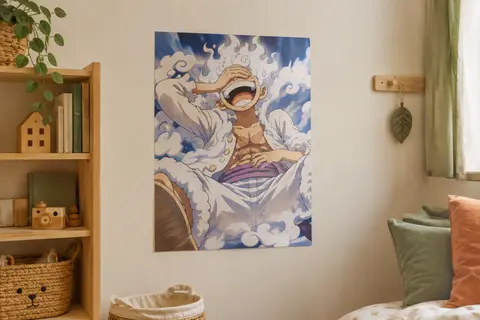 Poster mural One Piece de Luffy en Gear 5, exposé sur un mur clair dans une chambre d’enfant