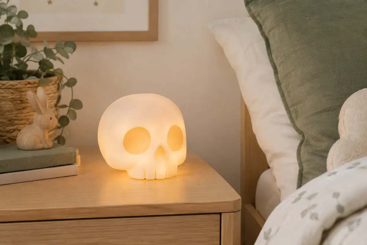 Veilleuse tactile en silicone en forme de tête de mort, allumée d’une lumière chaude sur une table de chevet.