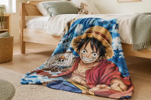 Plaid polaire One Piece posé sur un lit d’enfant, avec un motif manga inspiré de Luffy.