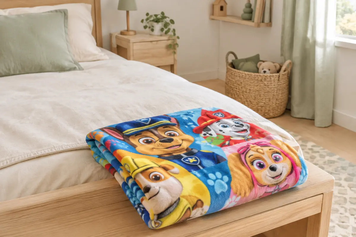 Plaid polaire Paw Patrol multicolore plié au pied d’un lit dans une chambre d’enfant lumineuse.