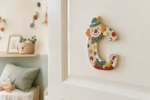 Lettre décorative en bois avec un motif clown, posée sur une porte claire de chambre d’enfant.