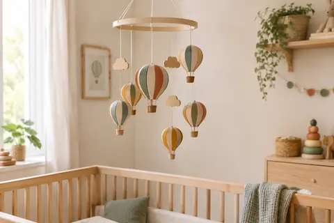Mobile en bois aux motifs de montgolfières multicolores suspendu dans une chambre de bébé lumineuse.