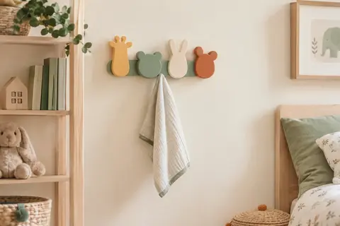 Porte-manteau Goki multicolore en plastique présenté sur un mur crème dans une chambre d’enfant.