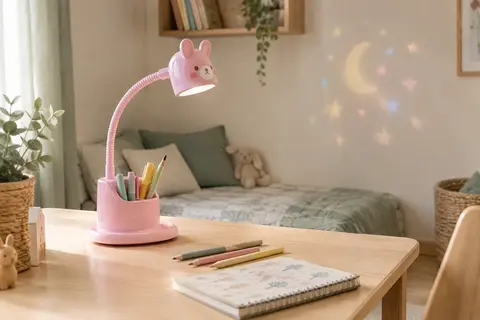 Lampe de bureau rose à bras flexible, porte-stylo intégré et projection de lune et d’étoiles