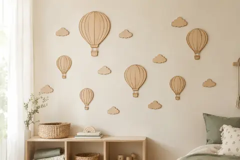 Montgolfières et nuages en bois clair disposés sur un mur crème de chambre d’enfant