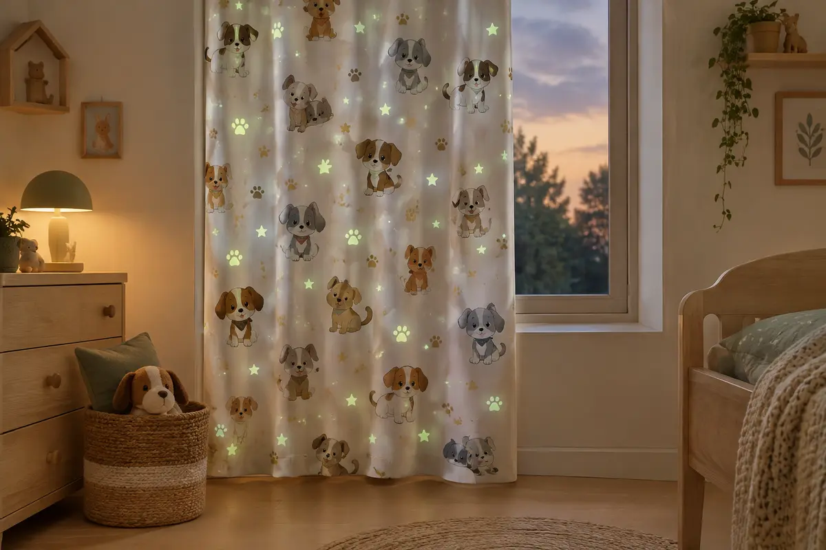 Rideau enfant multicolore à motif La Pat’ Patrouille, avec effet phosphorescent dans une chambre