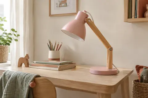 Lampe de table rose avec abat-jour en fer et bras réglable en bois, posée sur un bureau clair