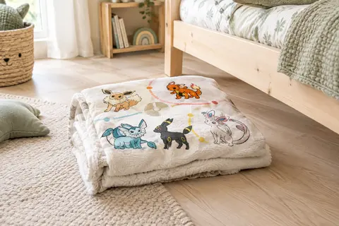 Plaid blanc en polaire et sherpa synthétique posé au pied d’un lit d’enfant en bois clair.