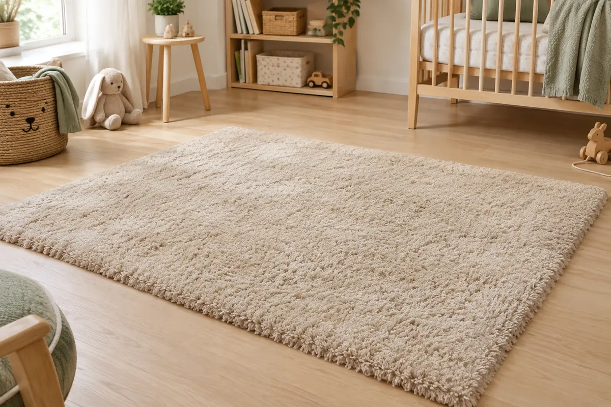 Tapis rectangulaire beige à poils longs posé sur un parquet clair dans une chambre d’enfant lumineuse.