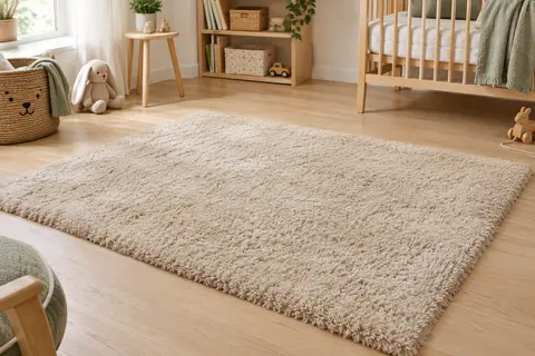 Tapis rectangulaire beige à poils longs posé sur un parquet clair dans une chambre d’enfant lumineuse.