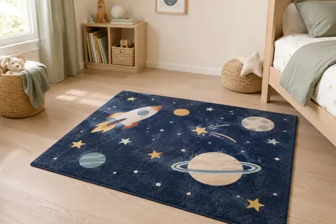 Tapis rectangulaire bleu marine à motif spatial posé sur un parquet clair dans une chambre d’enfant.