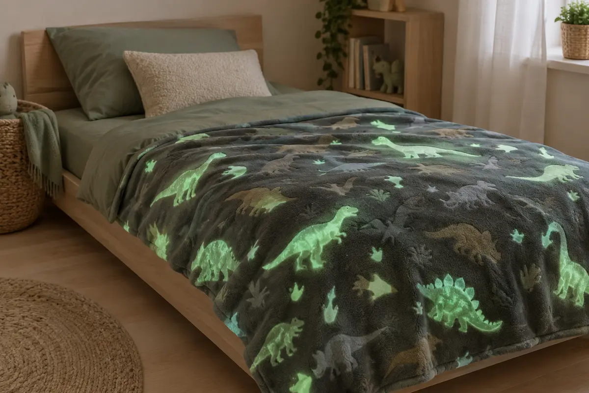 Plaid doux à motif de dinosaures phosphorescents posé sur un lit dans une chambre d’enfant tamisée