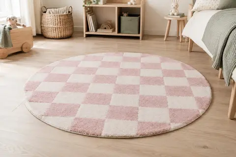 Tapis rond rose et blanc à motif damier posé sur un parquet clair dans une chambre d’enfant.