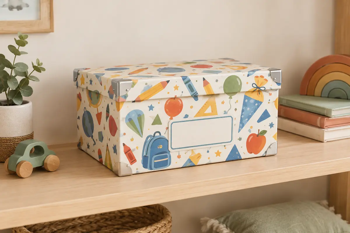 Boîte de rangement en carton à motif scolaire, avec couvercle et renforts métalliques, posée dans une chambre d’enfant.