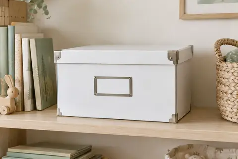 Boîte de rangement blanche en carton avec couvercle renforcé et champ d’étiquetage, posée sur une étagère en bois