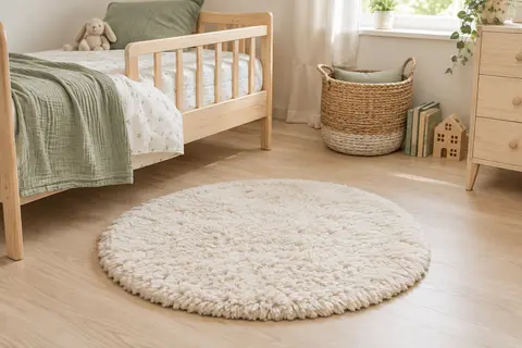 Tapis rond ivoire à poils longs posé près d’un lit d’enfant en bois clair dans une chambre lumineuse.