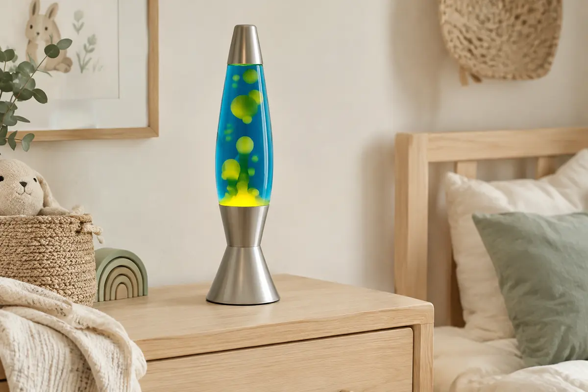 Lampe à mouvement liquide Jambo aux couleurs bleues et jaune-vert posée sur une commode de chambre d’enfant.