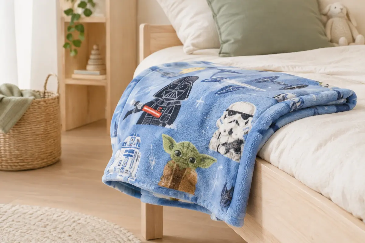 Plaid bleu Star Wars en microfibre posé sur un lit en bois clair dans une chambre d’enfant.