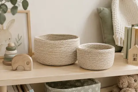 Deux paniers de rangement en coton tressé naturel posés sur une étagère en bois clair dans une chambre d’enfant.
