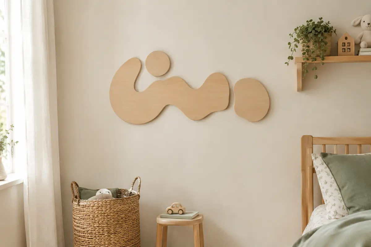 Lettrage décoratif en bois beige posé sur un mur crème dans une chambre d’enfant