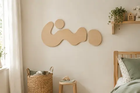 Lettrage décoratif en bois beige posé sur un mur crème dans une chambre d’enfant