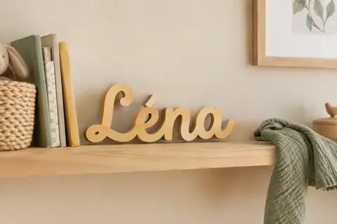 Enseigne personnalisée en bois beige jaune posée sur une étagère dans une chambre d’enfant