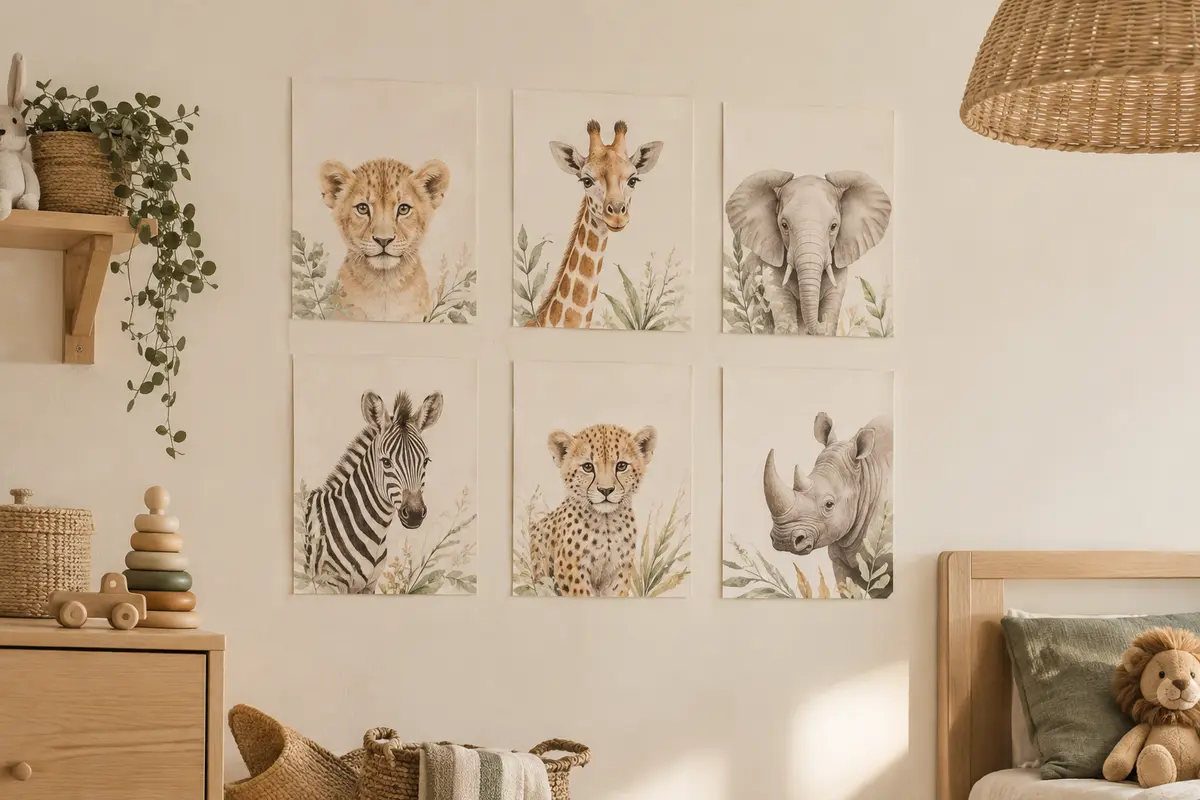 Six affiches A4 d’animaux de savane aux tons neutres, disposées sur un mur de chambre d’enfant.
