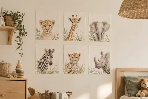 Six affiches A4 d’animaux de savane aux tons neutres, disposées sur un mur de chambre d’enfant.