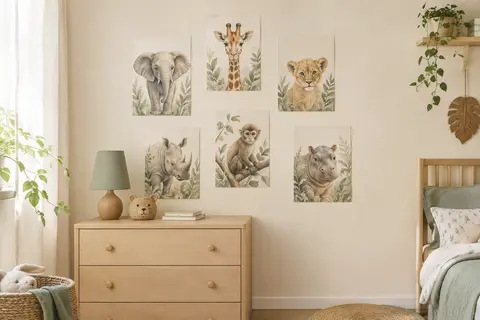 Six affiches A4 d’animaux de safari disposées sur un mur clair dans une chambre d’enfant.