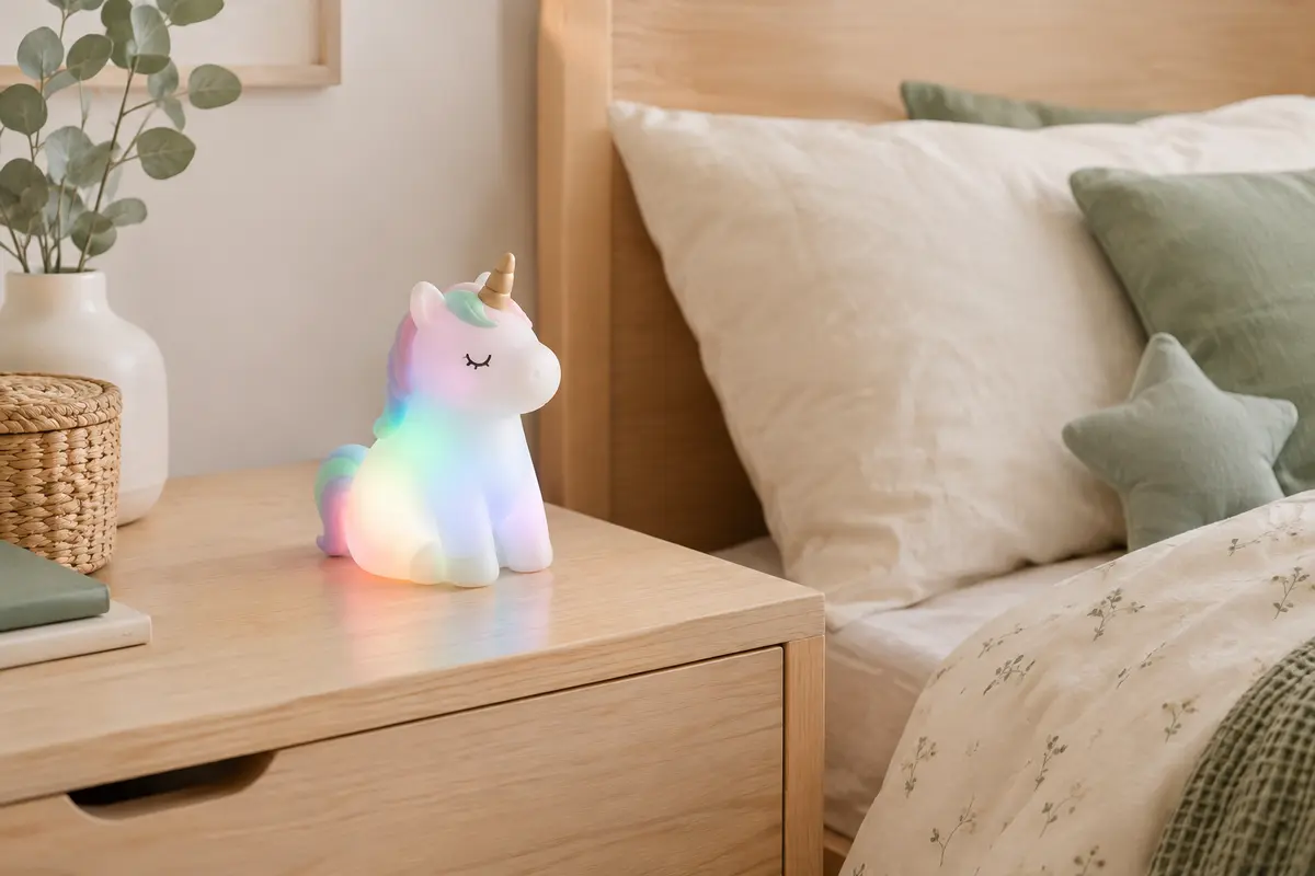 Veilleuse en plastique sur le thème de la licorne posée sur une table de chevet en bois clair