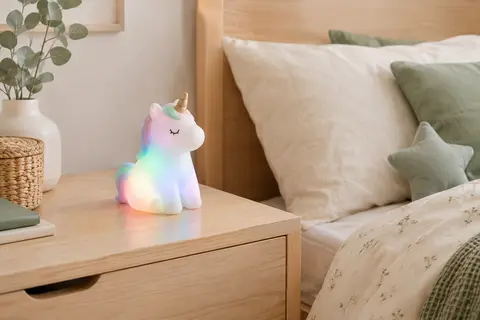 Veilleuse en plastique sur le thème de la licorne posée sur une table de chevet en bois clair