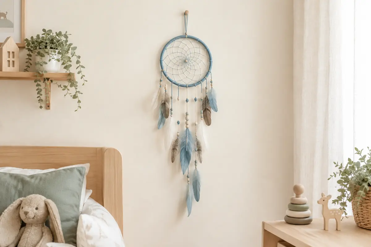 Attrape-rêves mural bleu en toile tissée, perles et plumes suspendu dans une chambre d’enfant lumineuse.