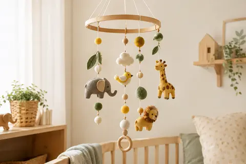 Mobile de chambre pour bébé en feutre animalier, laine, bois et bambou avec plusieurs clochettes.