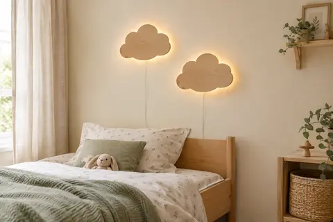 Deux veilleuses murales en bois en forme de nuage diffusent une lumière blanc chaud dans une chambre d’enfant.