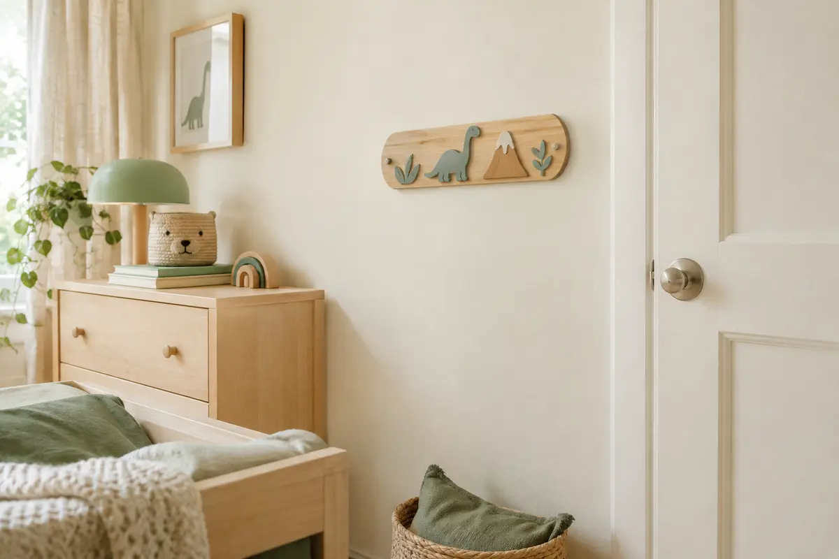 Plaque de porte en bois posée sur un mur clair dans une chambre d’enfant lumineuse et épurée.