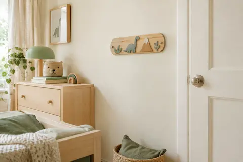 Plaque de porte en bois posée sur un mur clair dans une chambre d’enfant lumineuse et épurée.