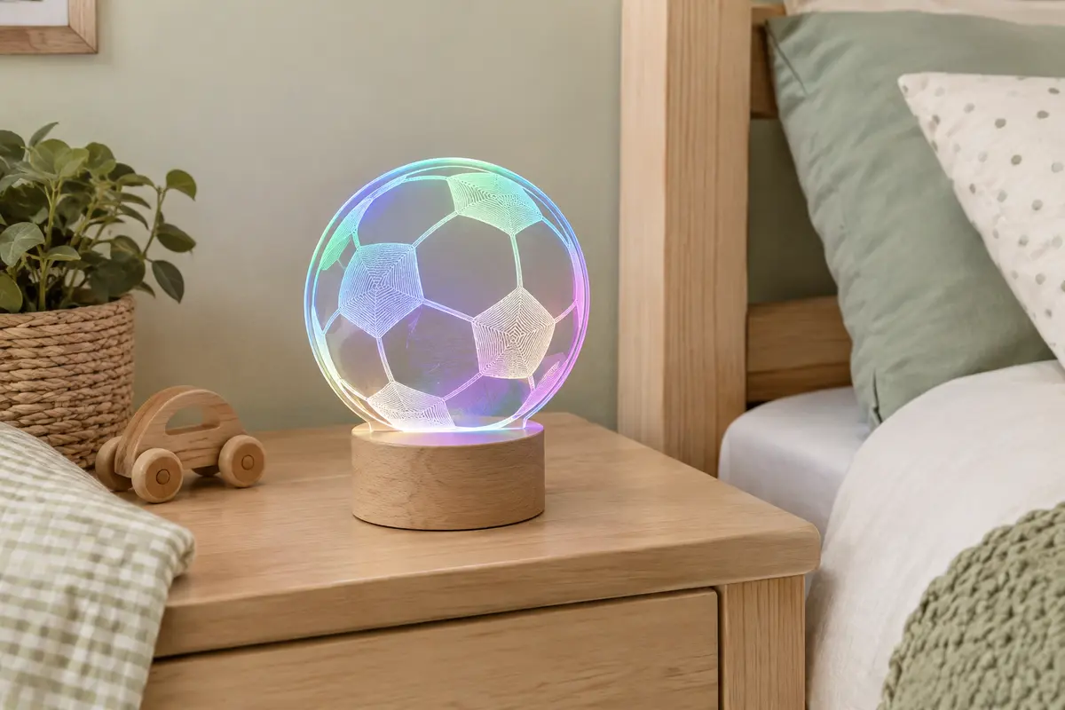 Veilleuse acrylique à motif football illuminée de couleurs variées sur une table de chevet en bois clair.