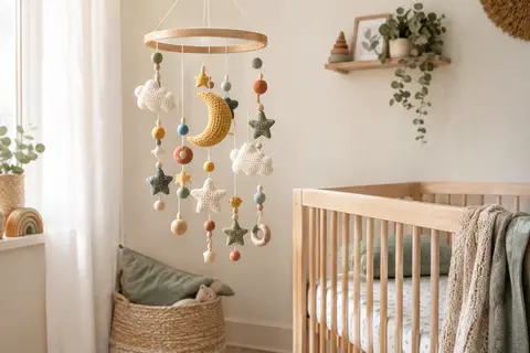 Mobile décoratif aux lunes, étoiles et nuages crochetés, avec éléments en bois, suspendu dans une chambre de bébé