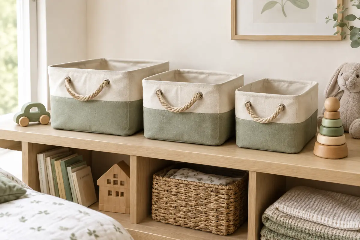 Trois paniers de rangement en tissu kaki clair et blanc, posés sur une étagère en bois clair.