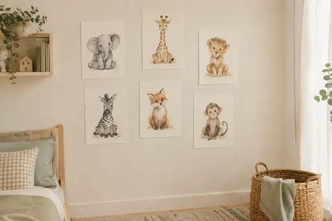 Six affiches animales A4 au style aquarelle disposées sur un mur crème de chambre d’enfant.