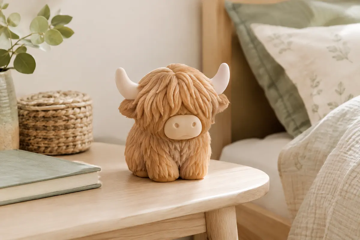 Veilleuse en silicone en forme de vache des Highlands posée sur une table de chevet dans une chambre d’enfant