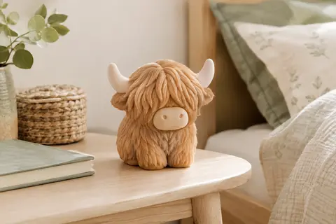 Veilleuse en silicone en forme de vache des Highlands posée sur une table de chevet dans une chambre d’enfant
