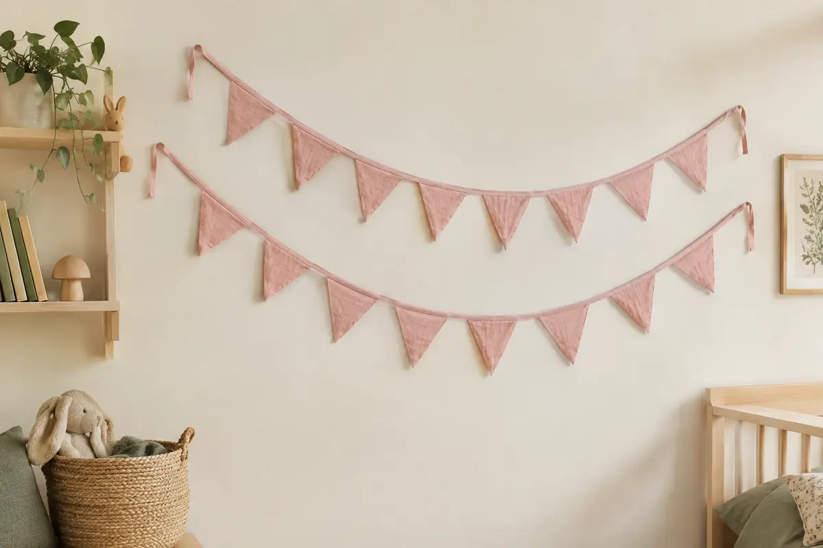 Deux guirlandes de fanions en mousseline rose suspendues sur un mur crème de chambre d’enfant.