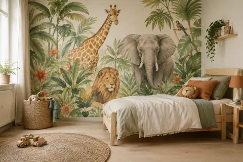 Papier peint mural coloré aux animaux de la jungle dans une chambre d’enfant aux tons doux.