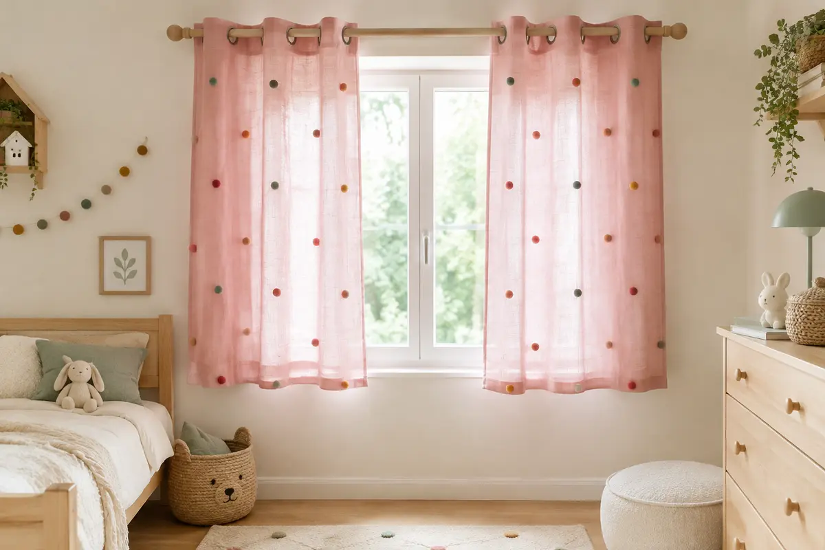 Deux rideaux roses à pompons brodés filtrent la lumière d’une fenêtre de chambre d’enfant.
