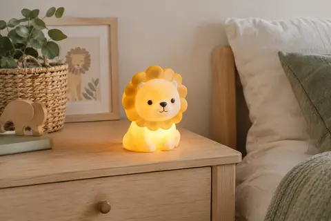 Veilleuse en silicone en forme de lion jaune posée sur une table de chevet en bois clair dans une chambre d’enfant.