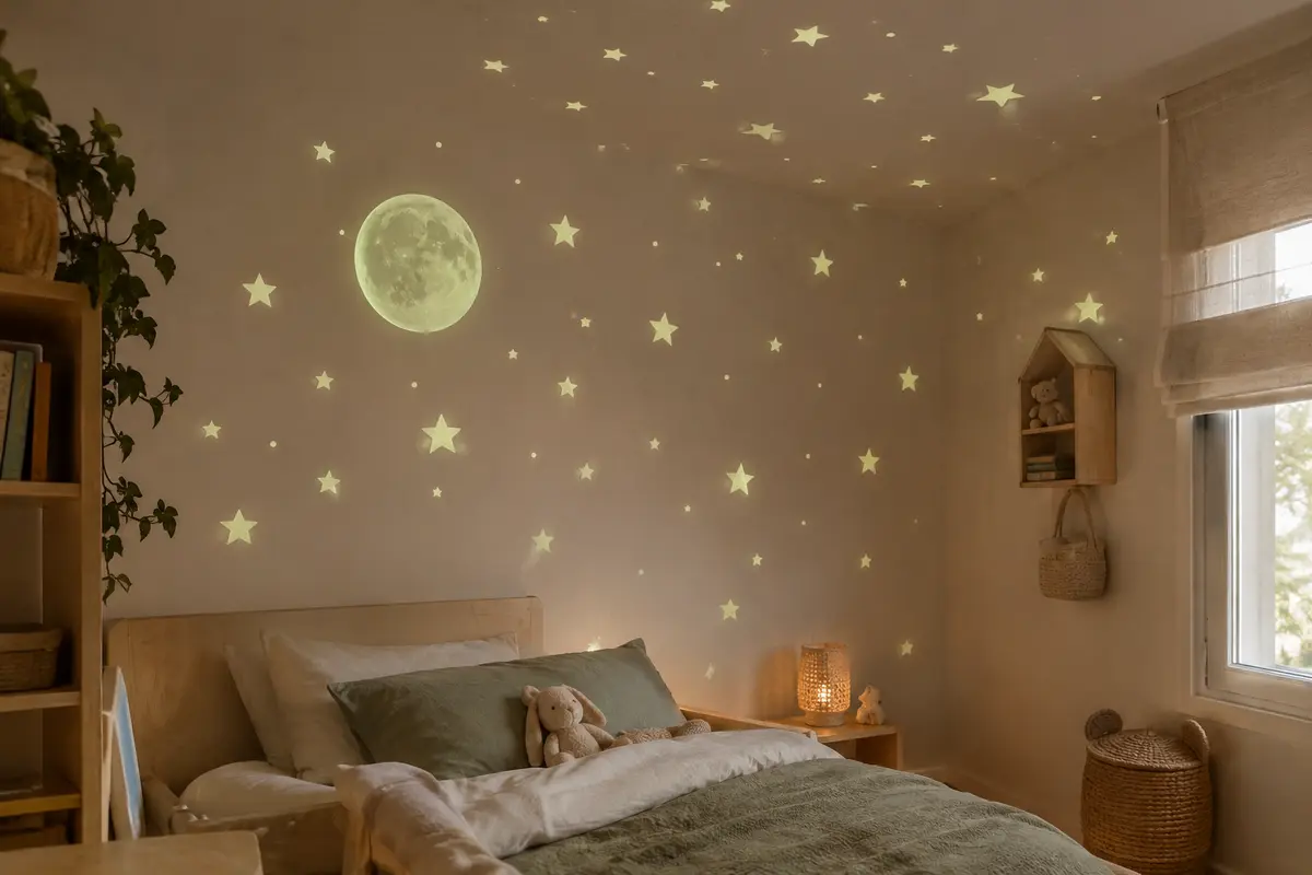 Stickers phosphorescents en forme de lune, d’étoiles et de points disposés sur le mur d’une chambre d’enfant